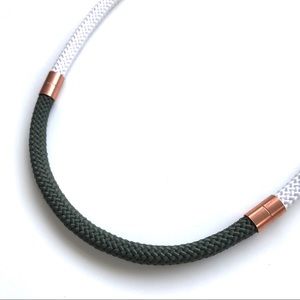 White + forest green statement necklace with copper pieces